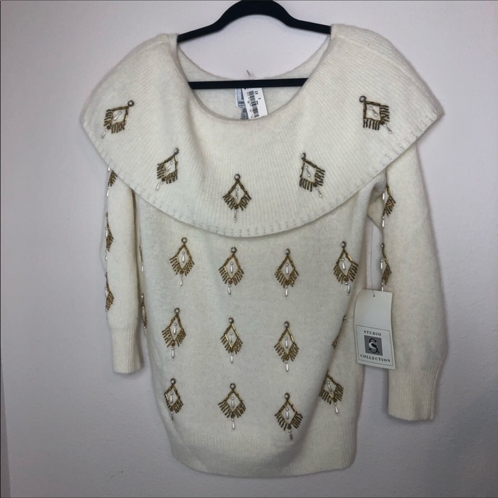 NEW Angora/Wool Beaded Cowl Neck Sweater Medium - Picture 7 of 8